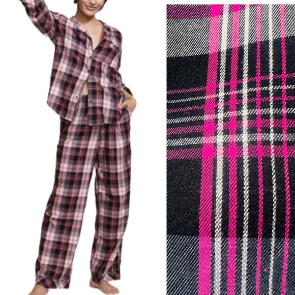 Victoria's Secret Other - VICTORIA’S SECRET 3 Piece Pajamas Pink Black Silver Plaid Flannel Size XXL NWT